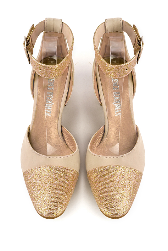 Gold and champagne white women's open side shoes, with a strap around the ankle. Round toe. Medium flare heels. Top view - Florence KOOIJMAN